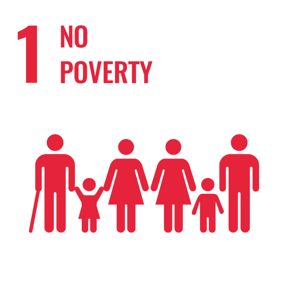UN Ziel 1 Keine Armut der Agenda 2030. Piktogramme von Menschen, sowohl erwachsen als auch Kinder und mit Gehstock, rot auf weißem Hintergrund