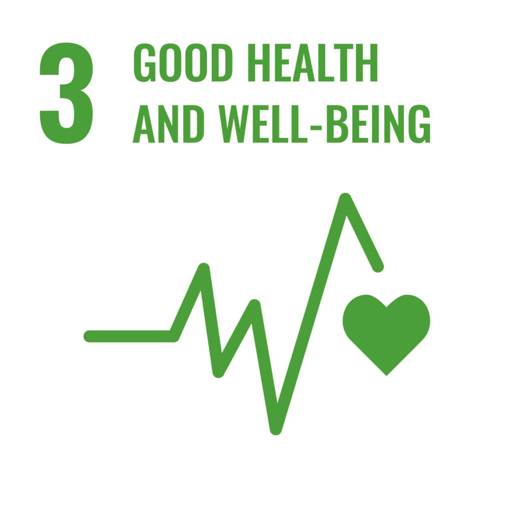 UN Ziel 3 Gesundheit und Wohlergehen der Agenda 2030. Auf- und abgehende Linie mit Herzsymbol, grün auf weißem Hintergrund.