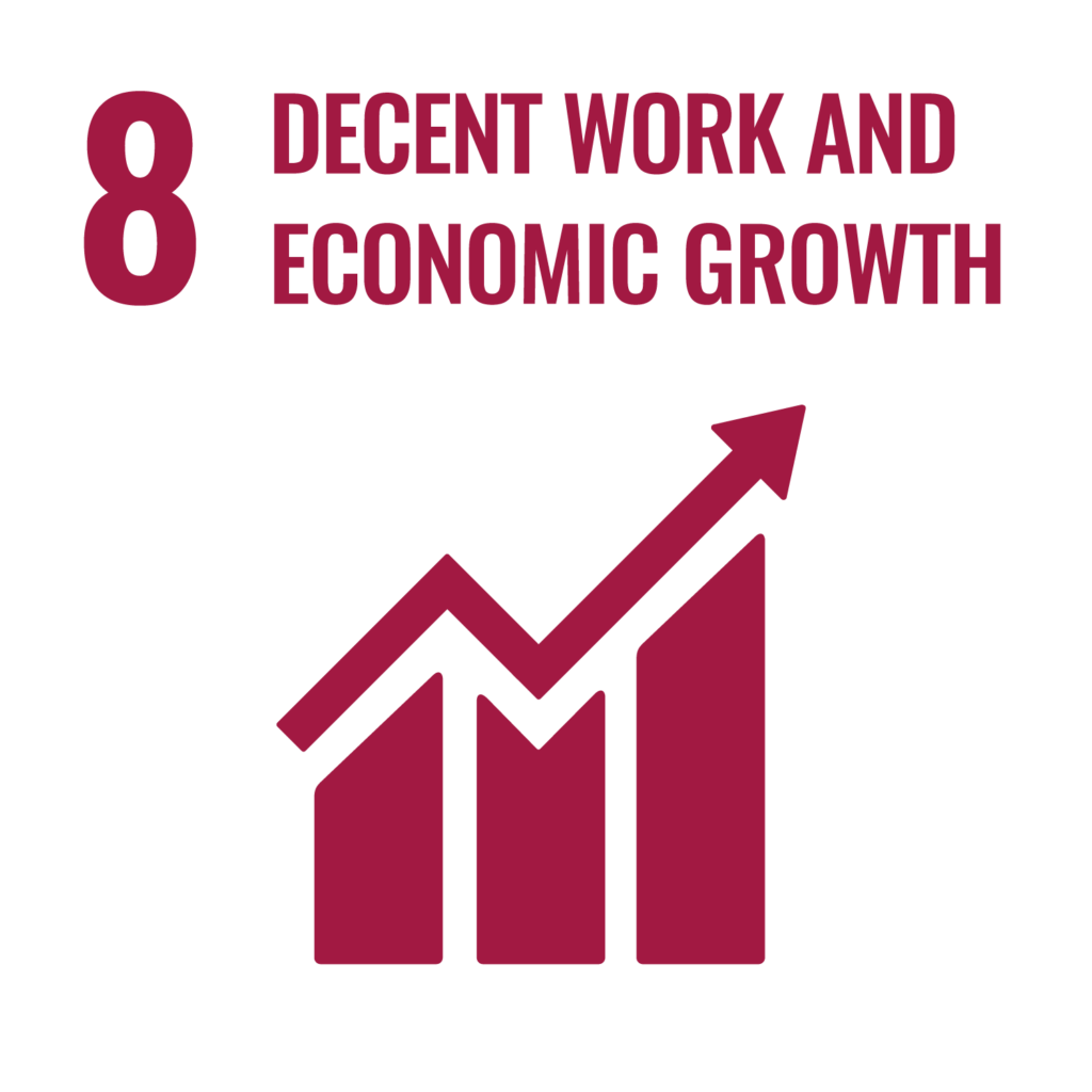 UN Ziel 8 Menschenwürdige Arbeit und Wirtschaftswachstum der Agenda 2030. Balkendiagramm mit Pfeil nach oben, dunkelrot auf weißem Hintergrund.