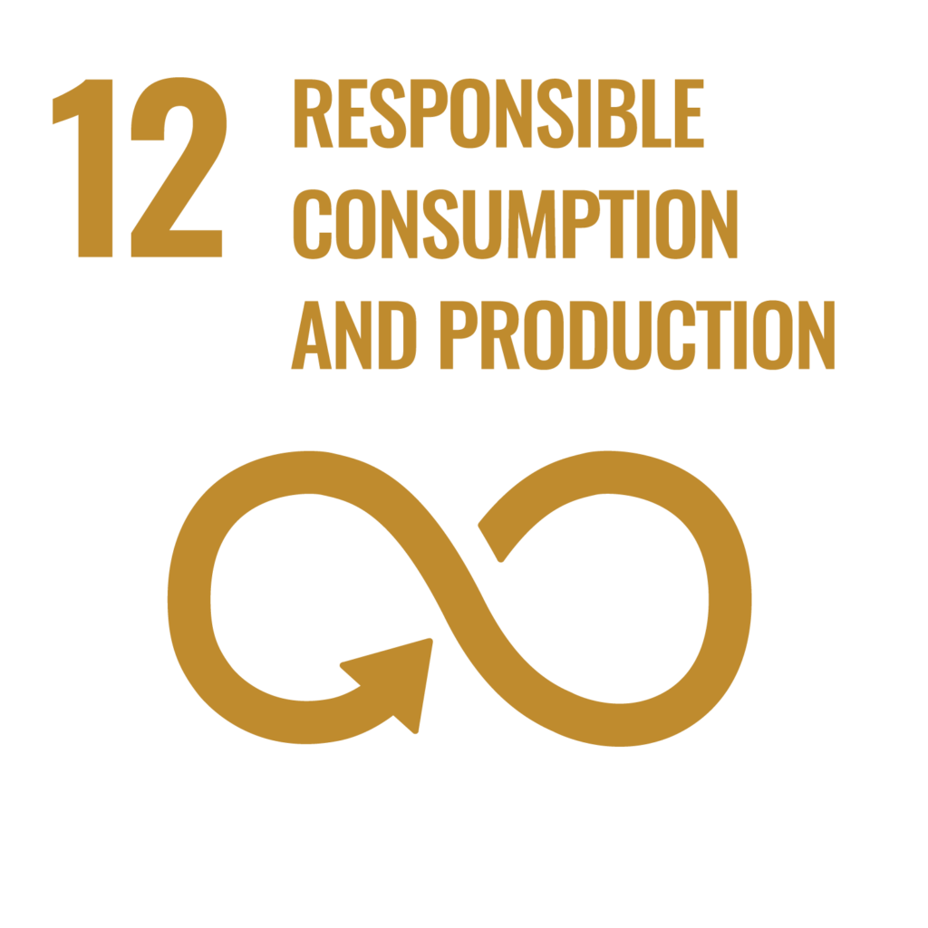UN Ziel 12 Nachhaltiger Konsum und Produktion der Agenda 2030. Endlos-Schleife, ockerfarben auf weißem Hintergrund.