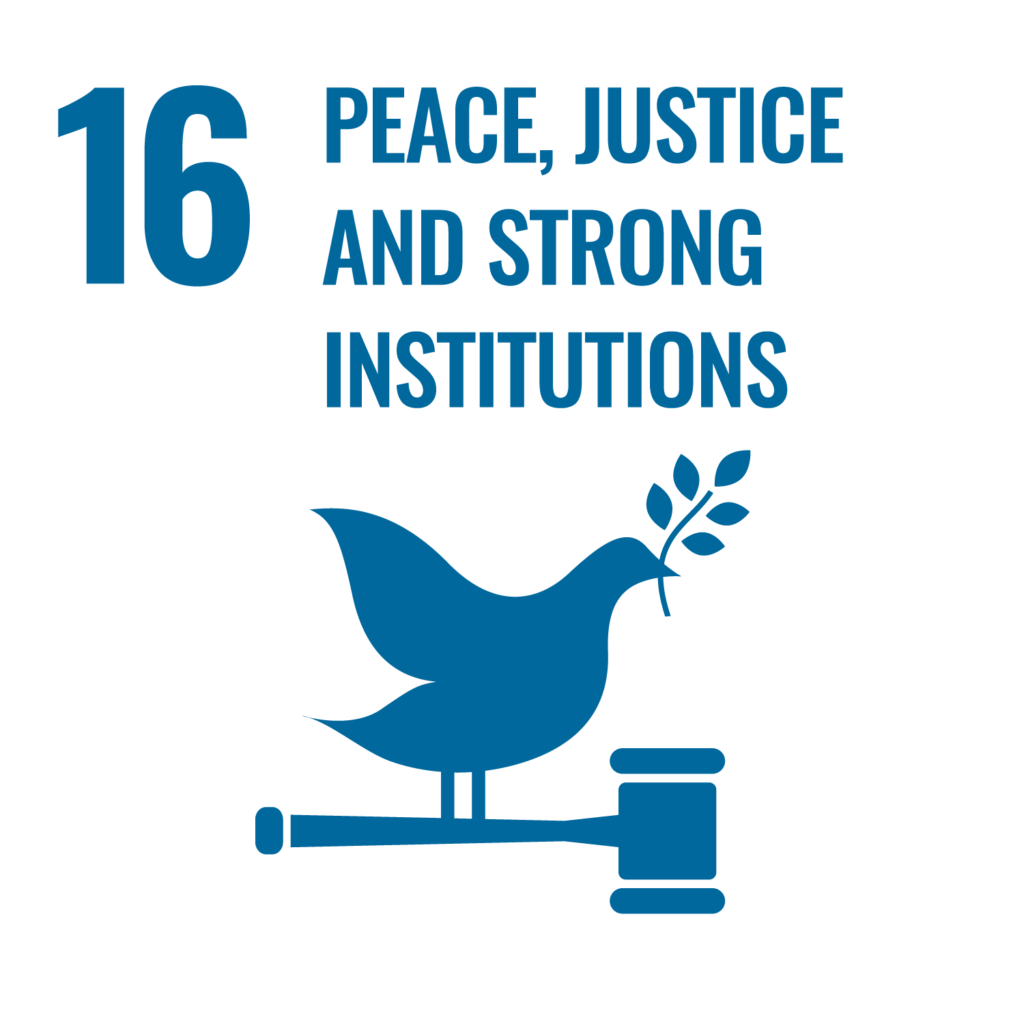 UN Ziel 16 Frieden, Gerechtigkeit und starke Institutionen der Agenda 2030. Taube mit Friedenszweig und Richterhammer in blauer Farbe auf weißem Hintergrund.
