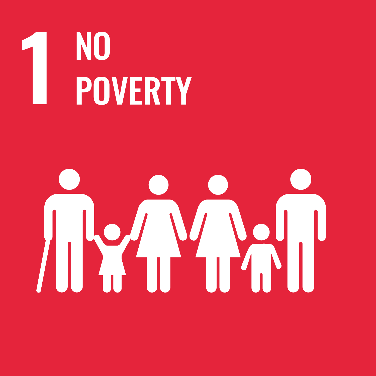 UN Ziel 1 Keine Armut der Agenda 2030. Piktogramme von Menschen, sowohl erwachsen als auch Kinder und mit Gehstock auf rotem Hintergrund