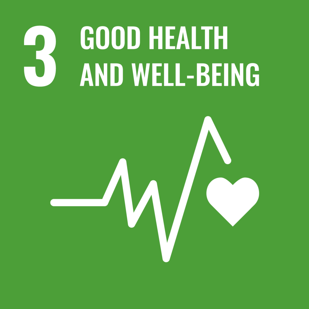 UN Ziel 3 Gesundheit und Wohlergehen der Agenda 2030. Auf- und abgehende Linie mit Herzsymbol auf grünem Hintergrund.
