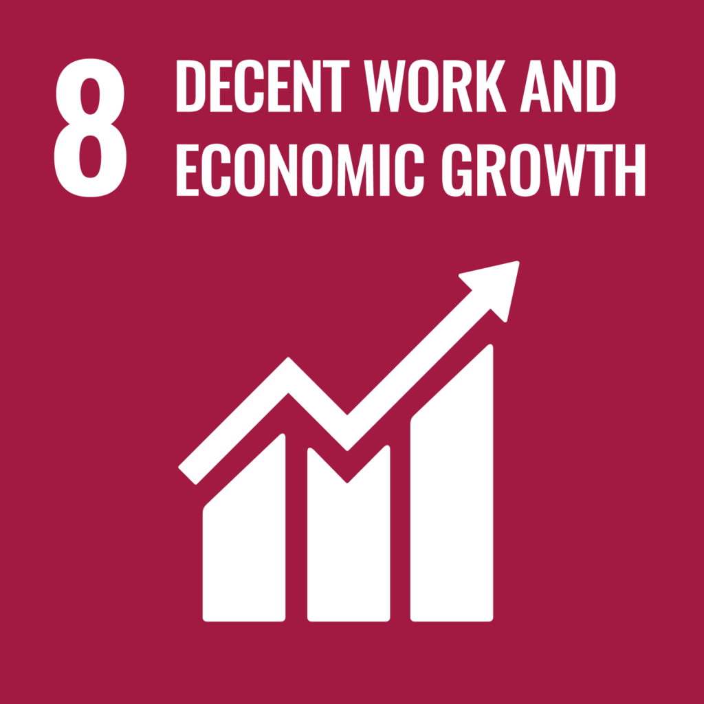 UN Ziel 8 Menschenwürdige Arbeit und Wirtschaftswachstum der Agenda 2030. Balkendiagramm mit Pfeil nach oben auf dunkelrotem Hintergrund.