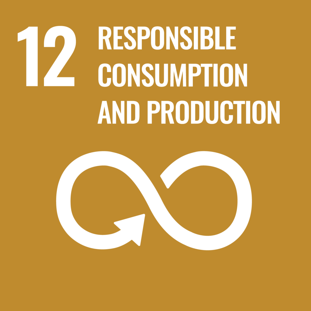 UN Ziel 12 Nachhaltiger Konsum und Produktion der Agenda 2030. Endlos-Schleife auf ockerfarbenem Hintergrund.