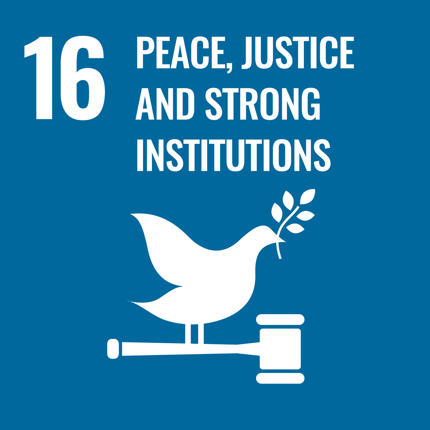 UN Ziel Nummer 16 Frieden, Gerechtigkeit und starke Institutionen der Agenda 2030. Taube mit Friedenszweig und Richterhammer auf blauem Hintergrund.