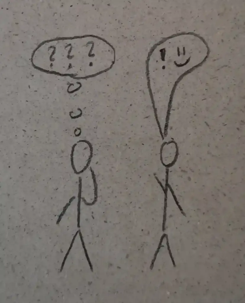 Zwei Menschen mit Sprechblasen. Die erste Sprechblase zeigt drei Fragezeichen, die zweite ein Ausrufezeichen sowie einen lächelnden Smiley.