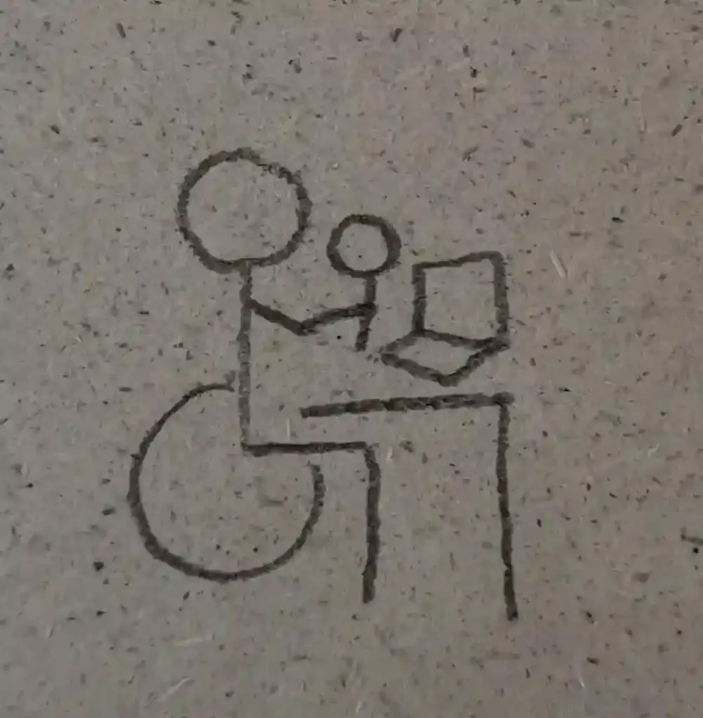 Piktogramm Rollstuhlfahrer mit Lupe vor Laptop